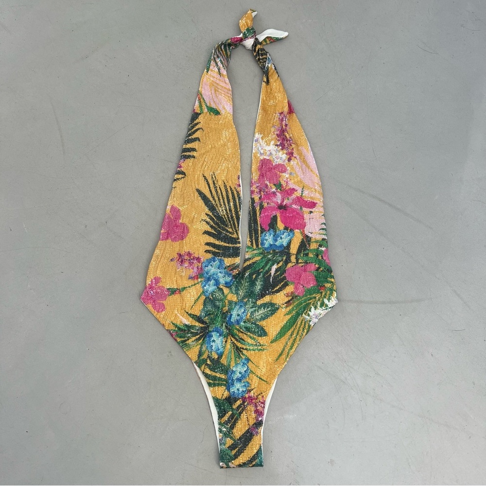 Tropical sequin halter leotard